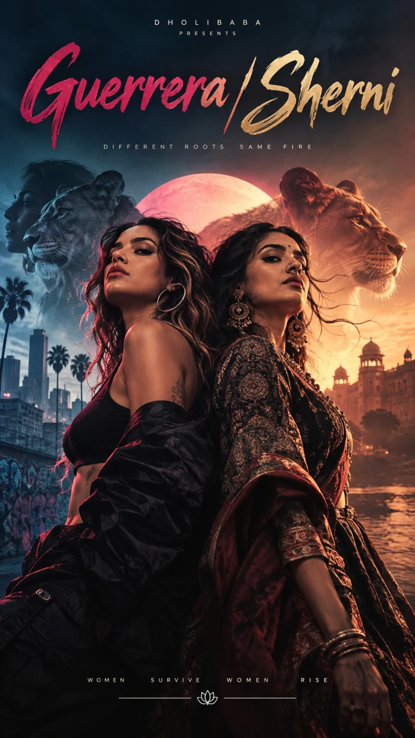 Guerrera / Sherni single artwork featuring two women against Colombian and Indian cityscapes