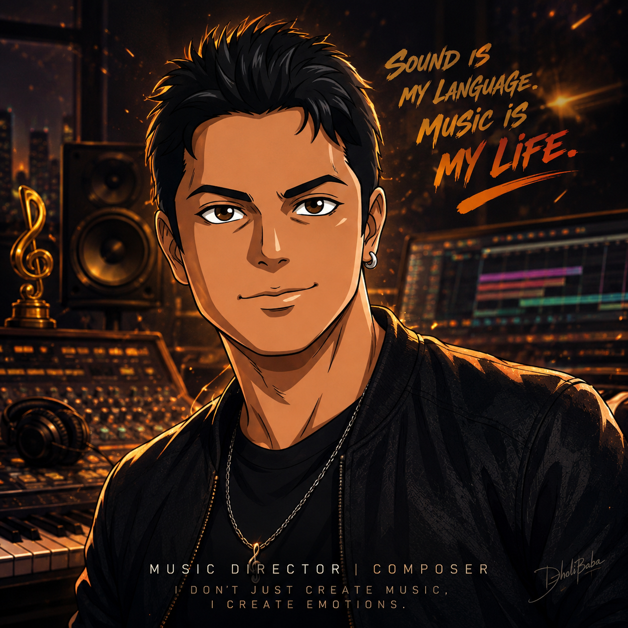 Illustrated close-up portrait of Dholi Baba in a studio surrounded by speakers, keyboard and mixing console
